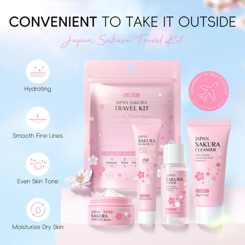 Sakura Skincare Set - Cleanser, Toner, Serum, Eye Cream, Sunscreen & Travel Kit