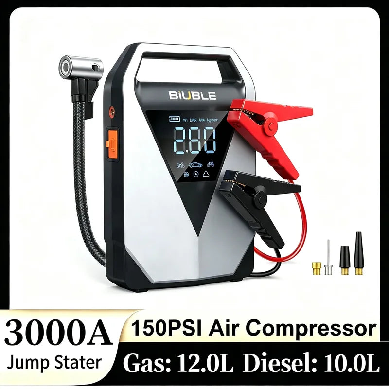 4-in-1 Car Jump Starter Air Pump Compressor 150PSI Tire Inflator 12000mAh Battery