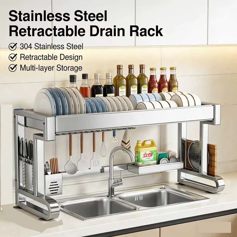 Stainless Steel Over Sink Dish Drying Rack Expandable Counter Organizer