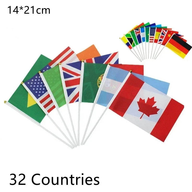 32 Countries International Mini Handheld Flag Set for Sports Events & Festivals
