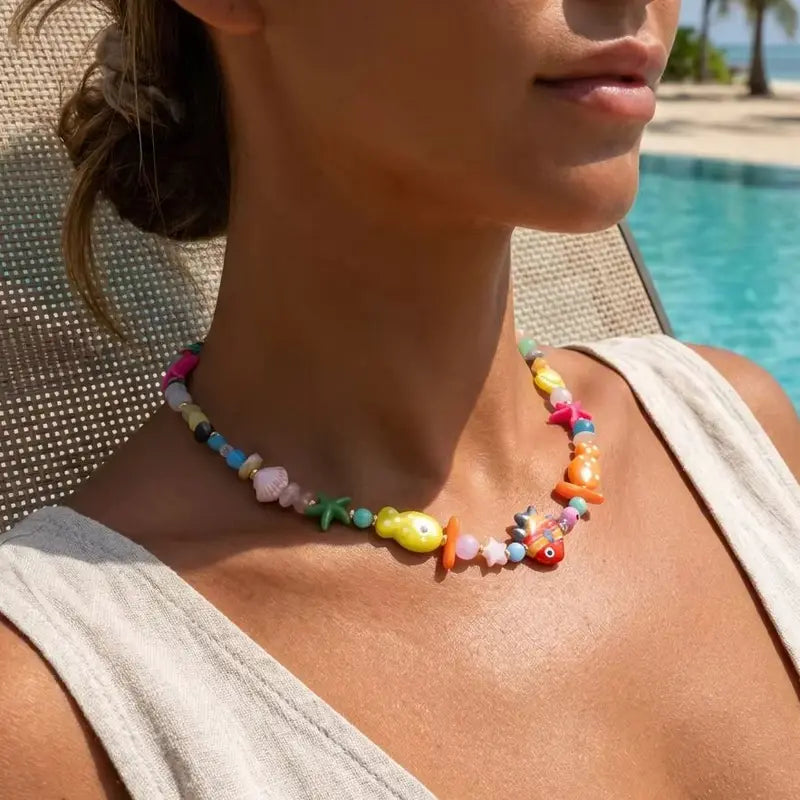 Colorful Ceramic Fish Starfish Beach Necklace for Women Ocean Vacation Jewelry