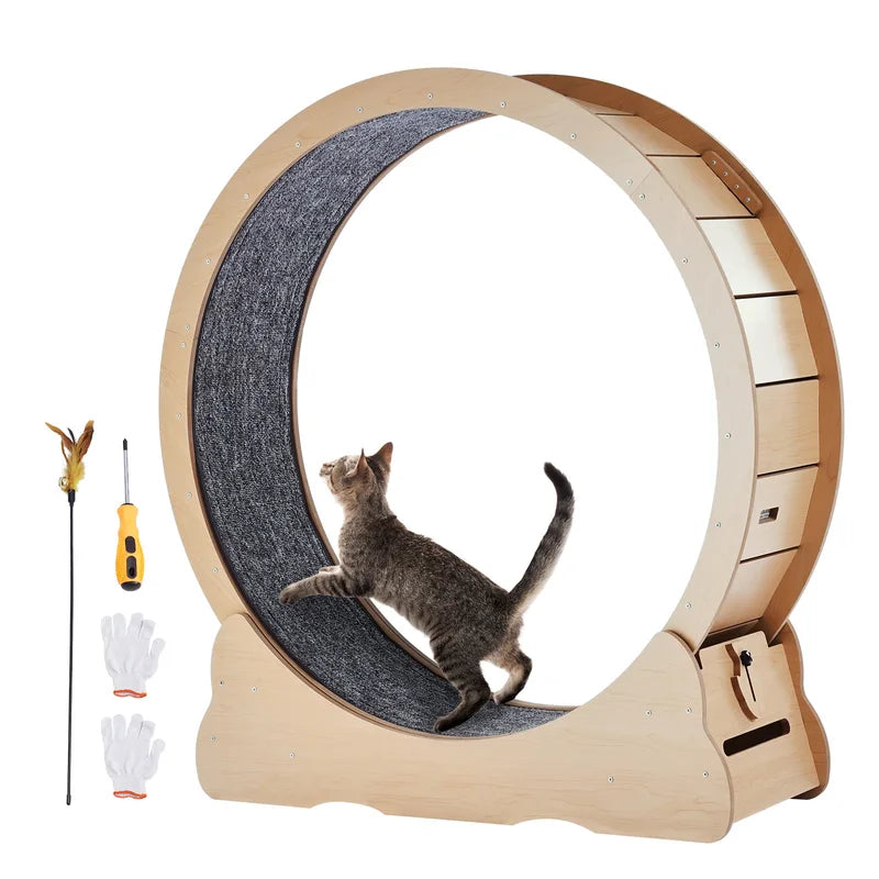 Large Wooden Cat Exercise Wheel with Detachable Carpet & Teaser - Quiet Indoor Treadmill for Cats