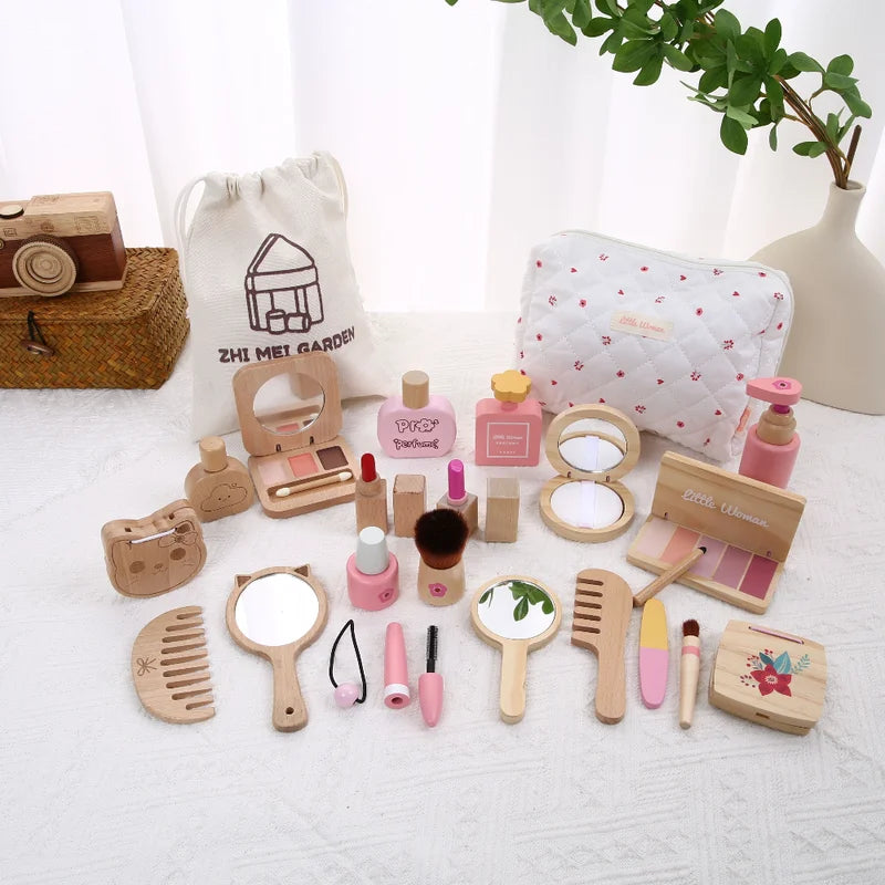 Kids' Pretend Makeup Toy Wooden Dress-Up Vanity Set with Makeup Bag for Girls