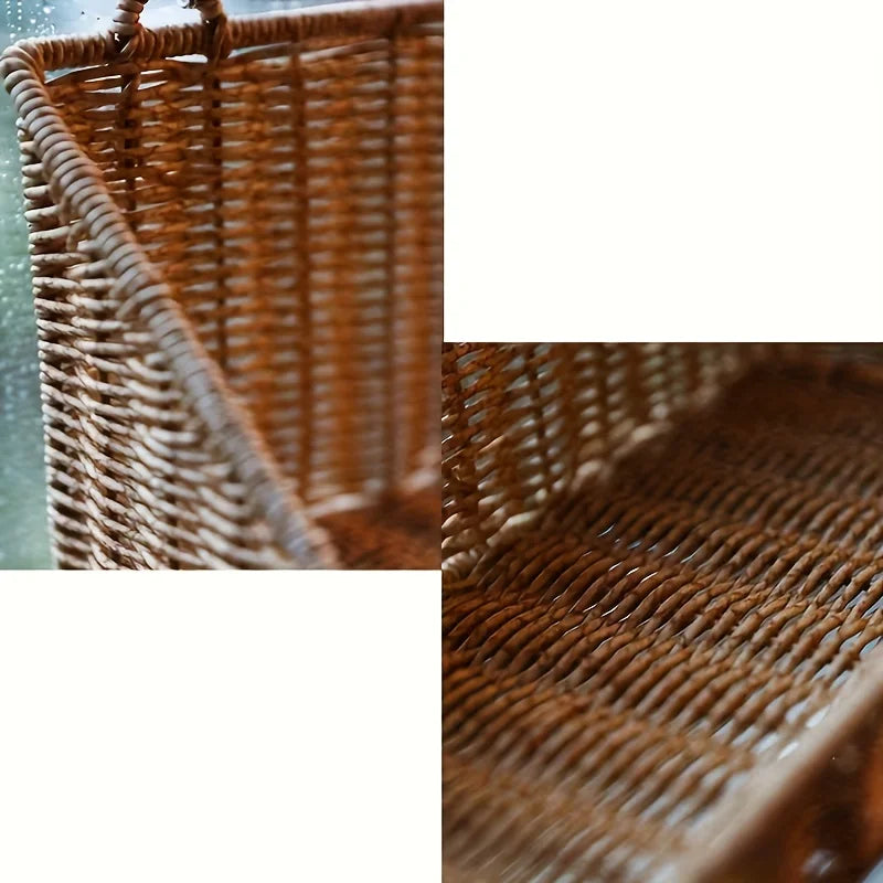 Rustic Wall-Mounted Woven Rattan Basket with Hooks for Bathroom Kitchen Bedroom