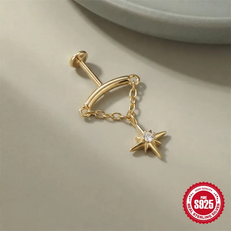 Dainty Star & Heart Chain Earrings for Women – Sterling Silver Piercing Jewelry