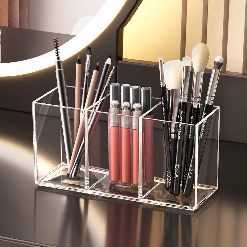 Acrylic Makeup Brush Storage Box with Lid - Transparent Cosmetic Organizer for Beauty Tools
