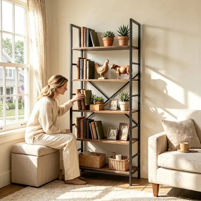 Industrial Wooden Bookcase Storage Shelf with Metal Frame - 5 & 6 Tier Freestanding Organizer
