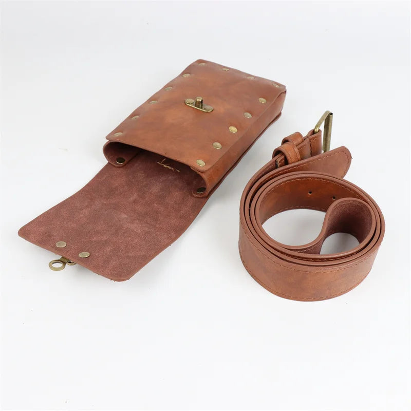 Medieval Cosplay Leather Belt Set with Copper Coin Waist Bag - Multiple Colors