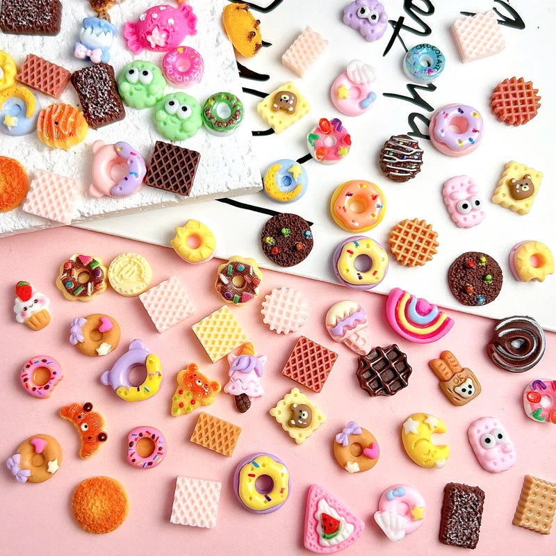 50PCS Nail Art Charms Set - Cartoon Cookies Donuts Lollipops Resin Decorations
