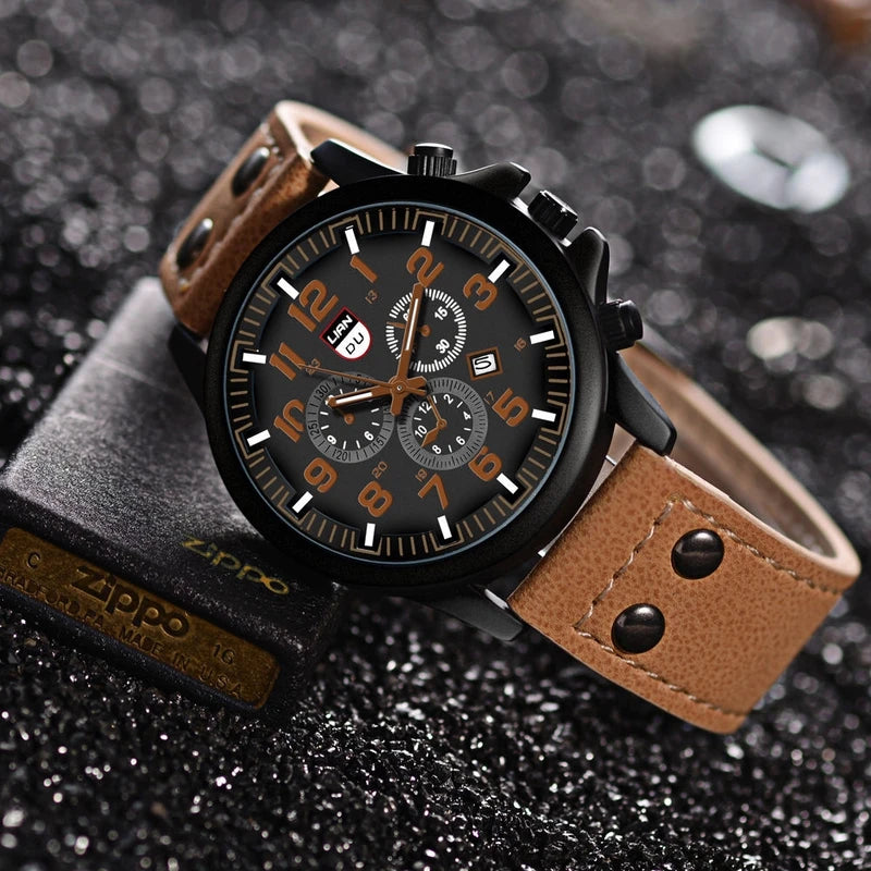 Men's Casual Leather Band Quartz Watch with Calendar - Multiple Colors