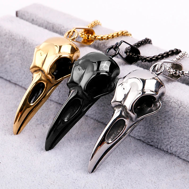 Vintage Viking Crow Head Pendant Necklace for Men Women Stainless Steel Jewelry