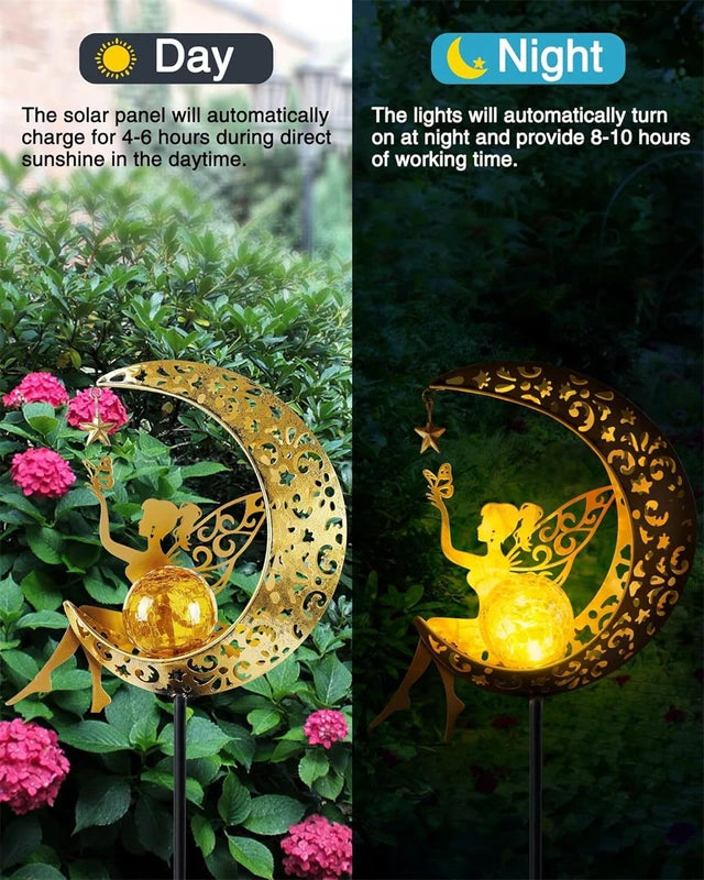 Solar Fairy Moon Garden Statues Outdoor Decor Light Stake for Patio Yard