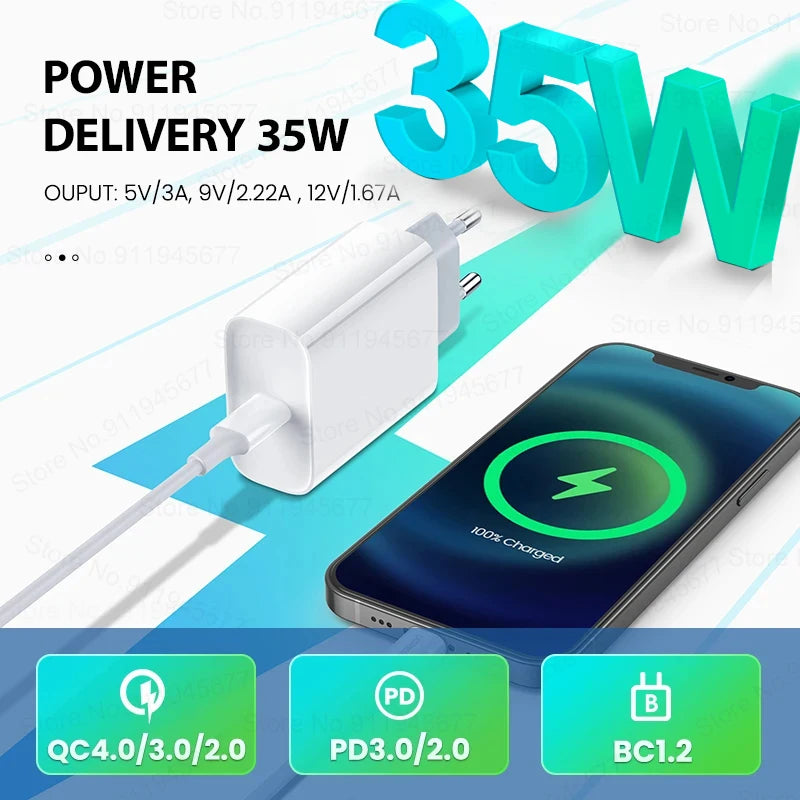Fast USB-C Phone Charger 35W for iPhone 14/13/12/11/15 Pro Max & More
