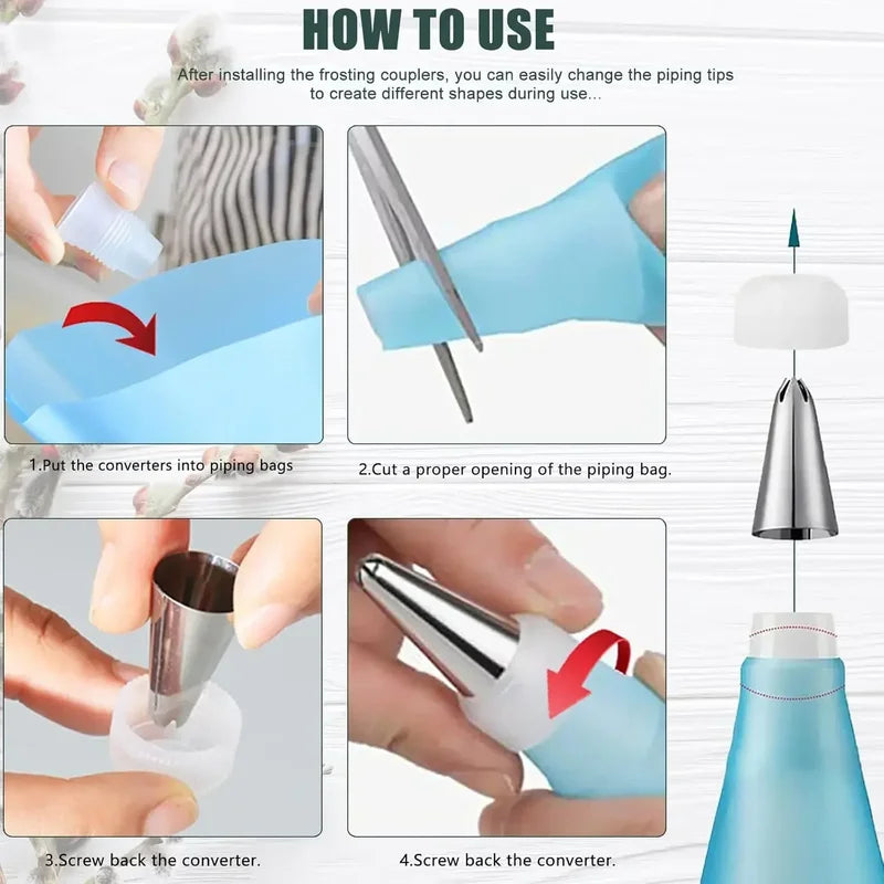 Reusable Cake Decorating Piping Set with Stainless Steel Tips & Silicone Pastry Bags