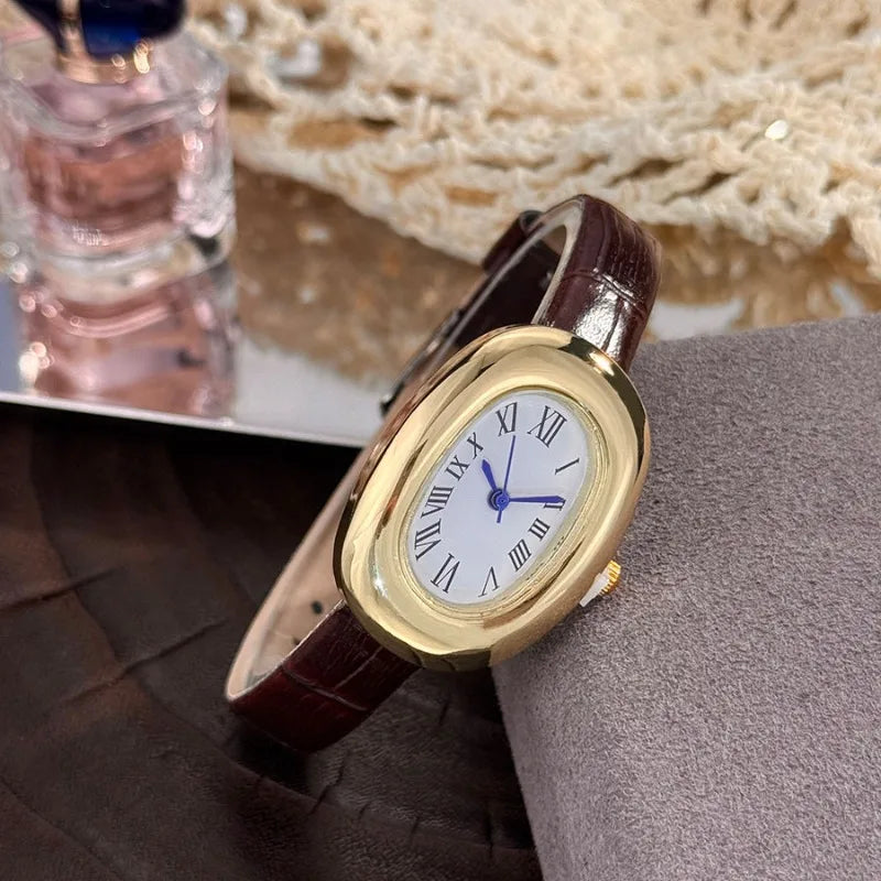 Oval Fashion Quartz Watch with Imitation Leather Strap - Compact Casual Style