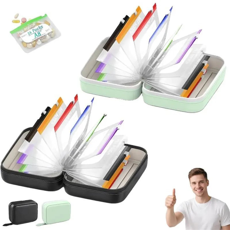 Waterproof Pill Pouch Set with Writable Labels - 14 Color-Coded Travel Medication Organizers