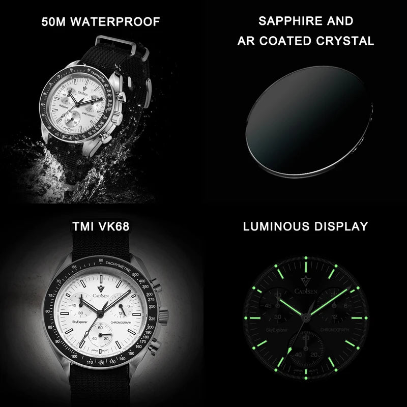 Men's Luxury Quartz Chronograph Watch with Sapphire Crystal and Canvas Strap