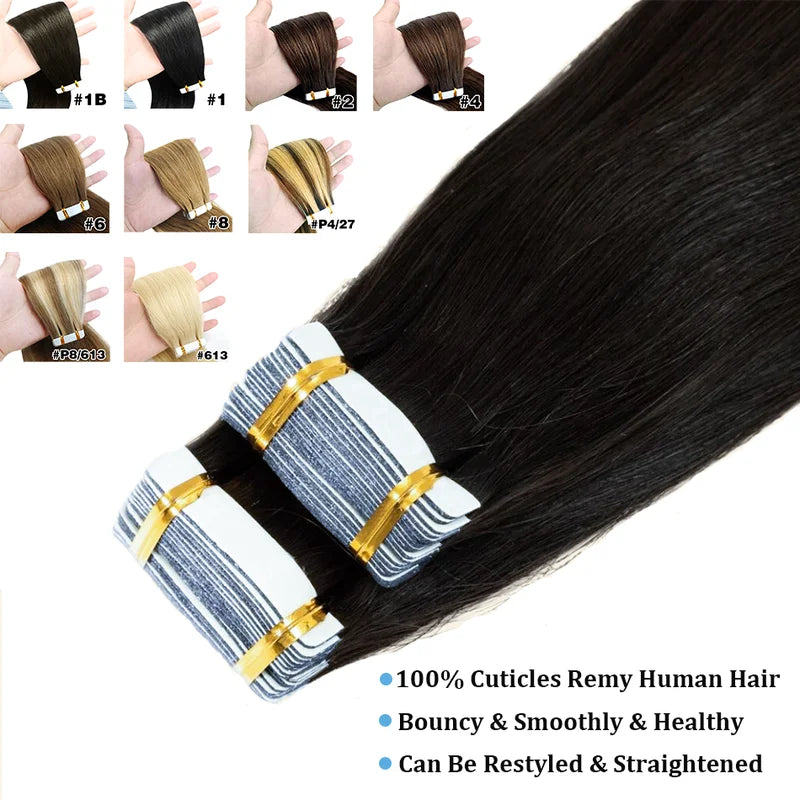 Human Hair Tape-In Extensions - High-Quality Brazilian Straight Hair