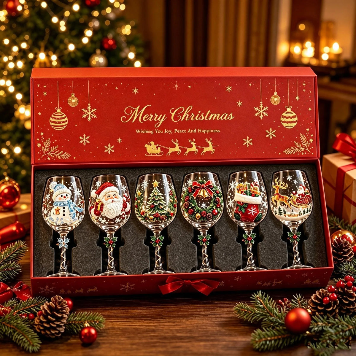 Festive Christmas Wine Glasses Set - 3D Embossed Holiday Goblets for Party Decor