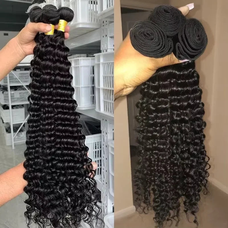 Deep Wave Human Hair Bundles with Closure - Burmese 3/4 Bundles & HD Lace Frontal