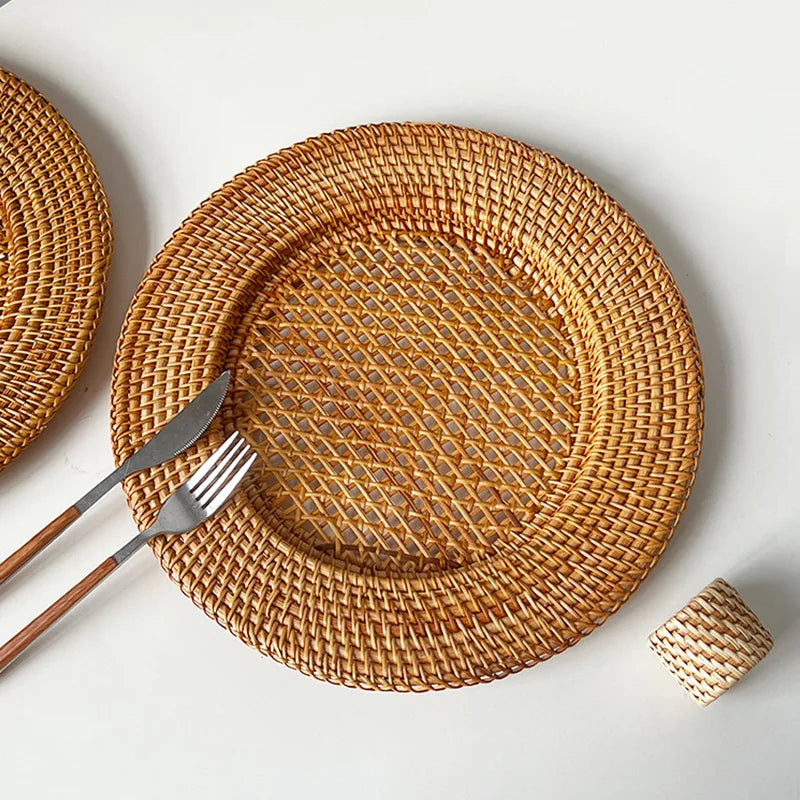 Handmade Rattan Serving Plate - 33cm Round Concave Tray for Home & Dining
