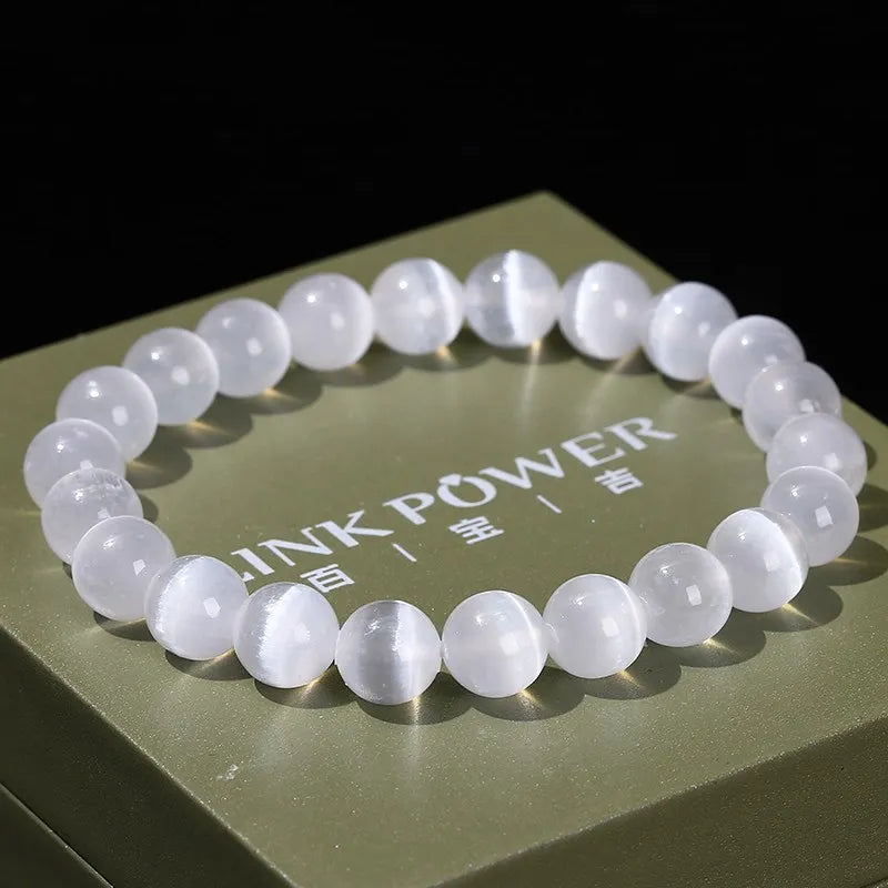 White Selenite Stone Bead Bracelet for Women Men Natural Gypsum Jewelry - Stretch Bangles