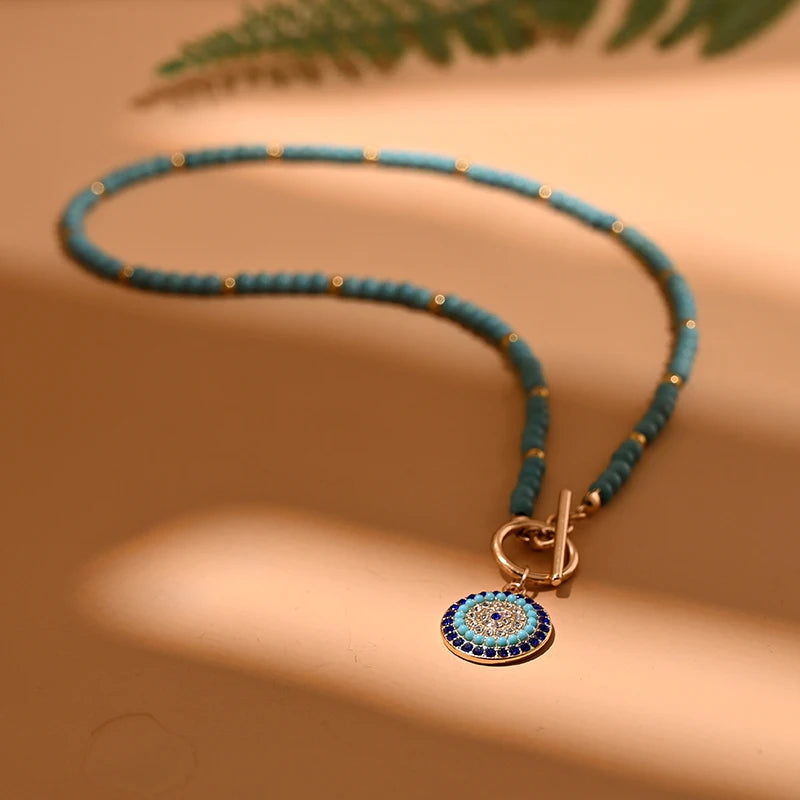 Colorful Stone Choker Necklace for Women Evil Charm Pendant Fashion Jewelry