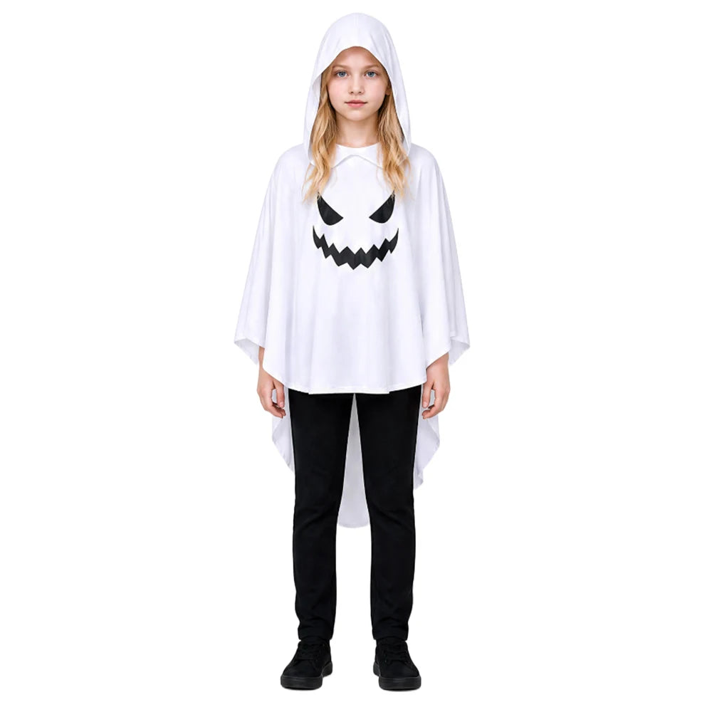 White Ghost Halloween Costume Cloak with Glowing Hood for Cosplay and Carnival
