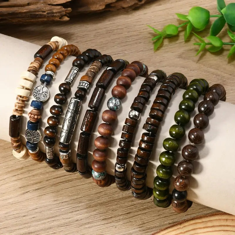 Bohemia Ethnic Beaded Bracelets Set for Men - Multi-Layer Wooden and Life Tree Design