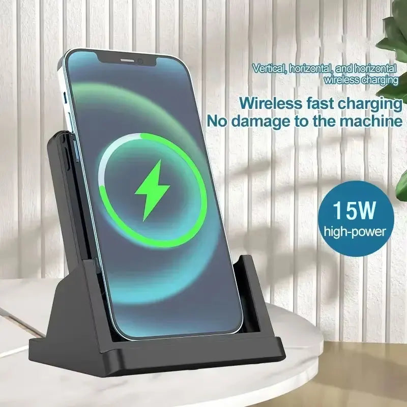 Wireless Charging Stand Dock for iPhone, Samsung, Xiaomi - Fast 15W, Removable Vertical & Horizontal Holder