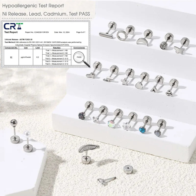 Hypoallergenic Flat Back Stud Earrings for Men Women Surgical Steel Jewelry