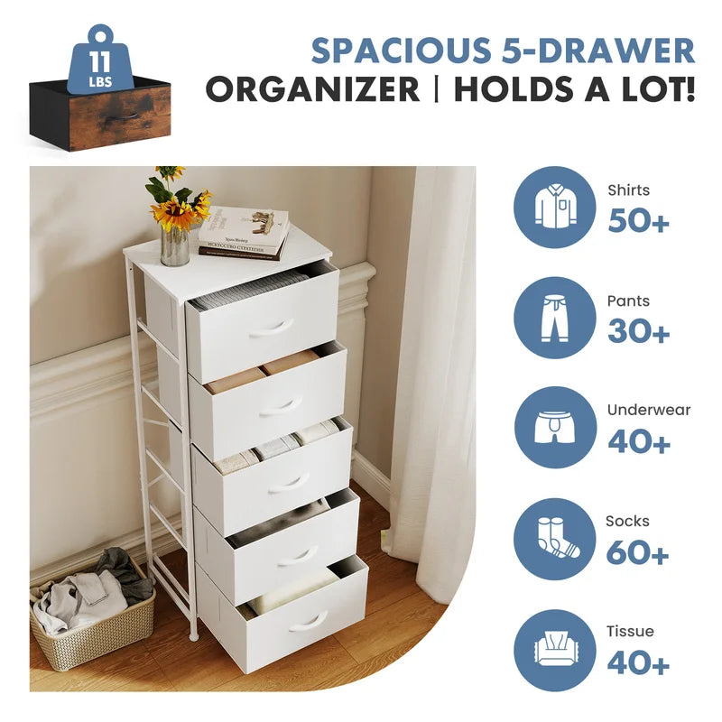 Tall Fabric Drawer Cabinet with Wooden Top - Sturdy Steel Frame Storage Organizer