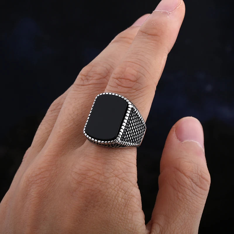 Unisex Stainless Steel Wedding Ring with Black Agate Stone - High-Quality Jewelry