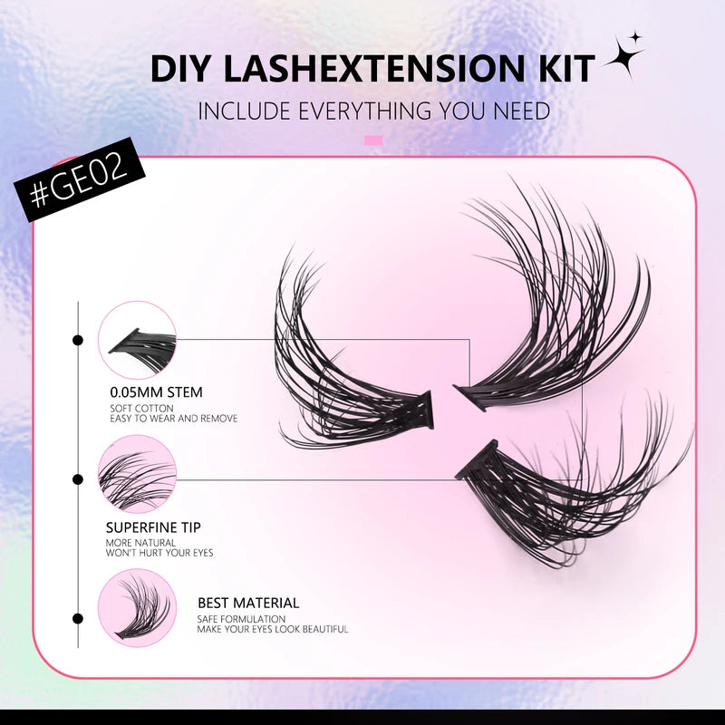 DIY Cat Eye Lash Clusters Kit with Adhesive & Sealant for Natural & Voluminous Look
