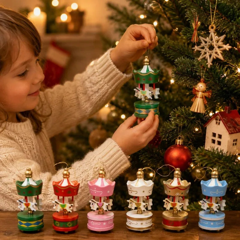 Christmas Wooden Carousel Ornament - Hanging Pendant Holiday Decor & Gift Set