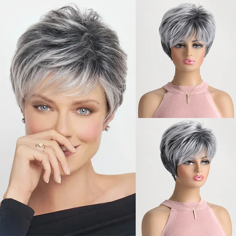 Short Grey Ombre Curly Synthetic Wig with Bangs for Women - Costume & Daily Use