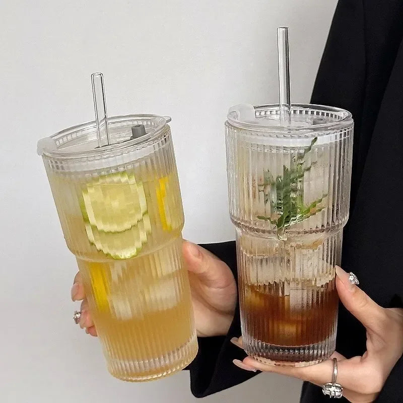 600ML Glass Coffee Cup with Lid and Straw - Transparent Drinkware