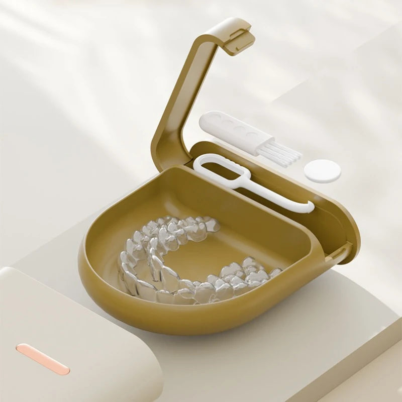 Portable Orthodontic Retainer Case with Cleaning Tool - Denture Mouth Guard Storage