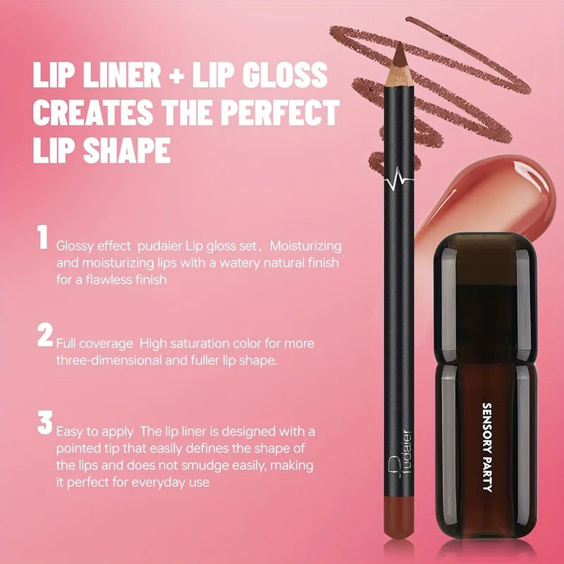 Gradient Lip Set with Lip Liner and Glass Gloss - Nude Shades, Long-Lasting