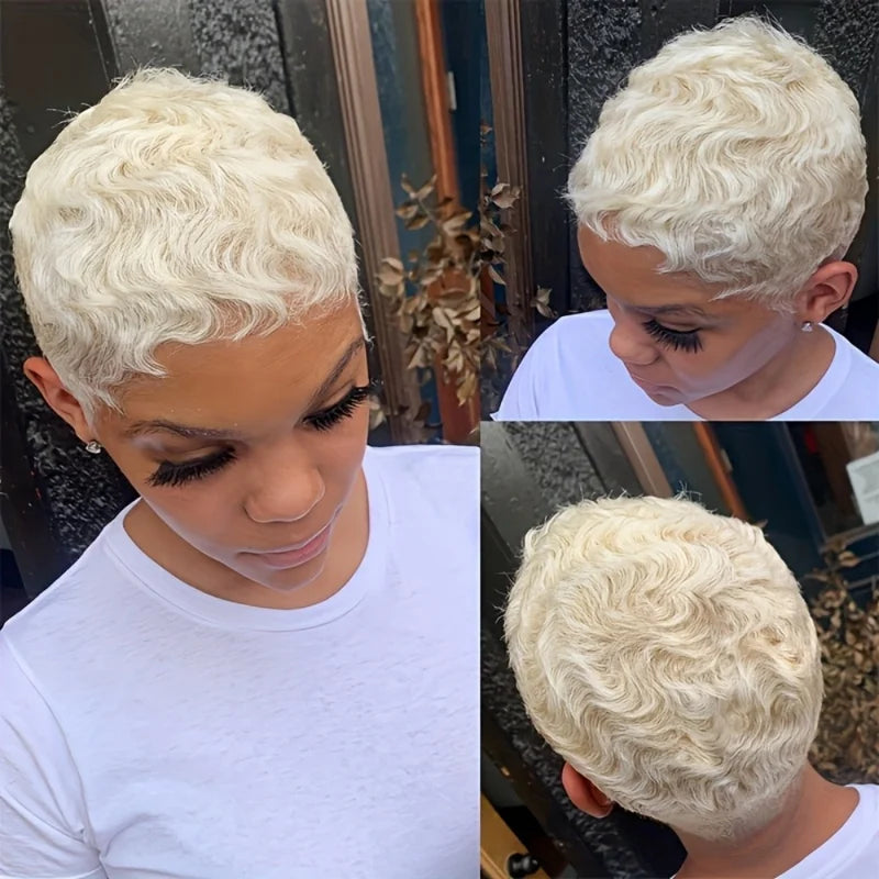 Human Hair Wig Short Wave Pixie Cut with Bangs - Layered, Full Machine Made