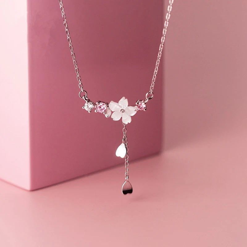 Romantic Cherry Blossom Flower Necklace for Women with Crystal Butterfly and Pearl Pendant – Party Jewelry