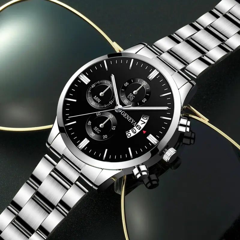 Men's Luxury Silver Stainless Steel Quartz Watch with Calendar