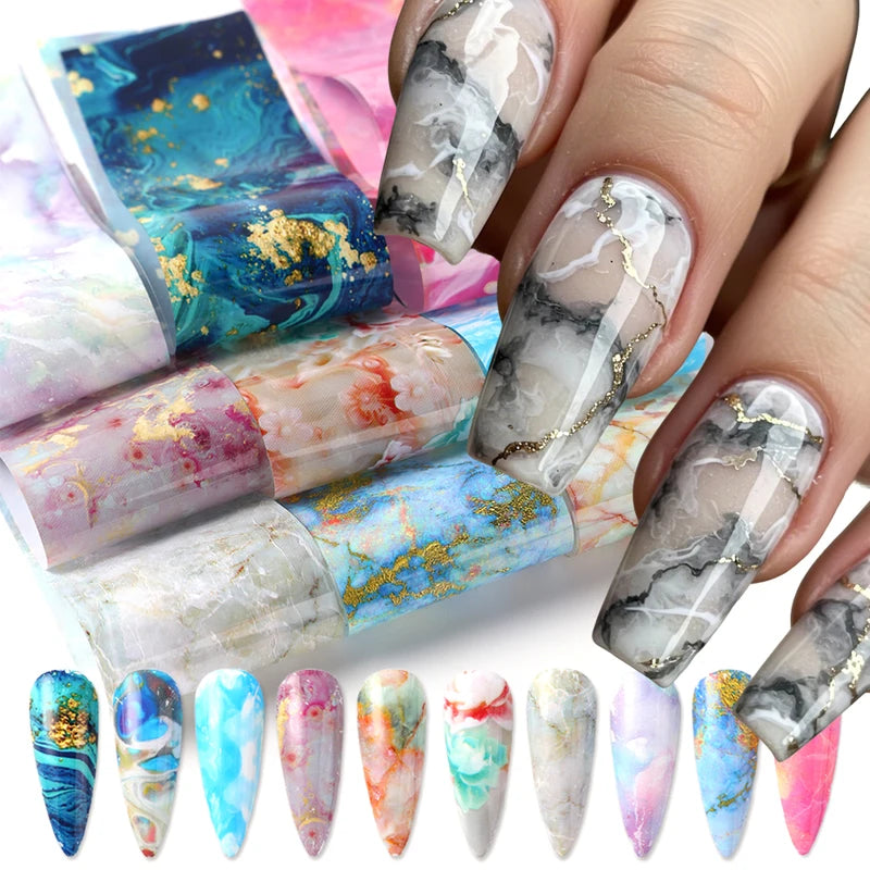 10pcs Marble Nail Foil Transfer Stickers Watercolor Geometric Nail Art