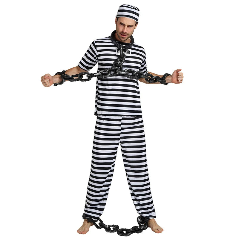 Prisoner Cosplay Costume Set for Men & Women - Striped Top Pants Hat