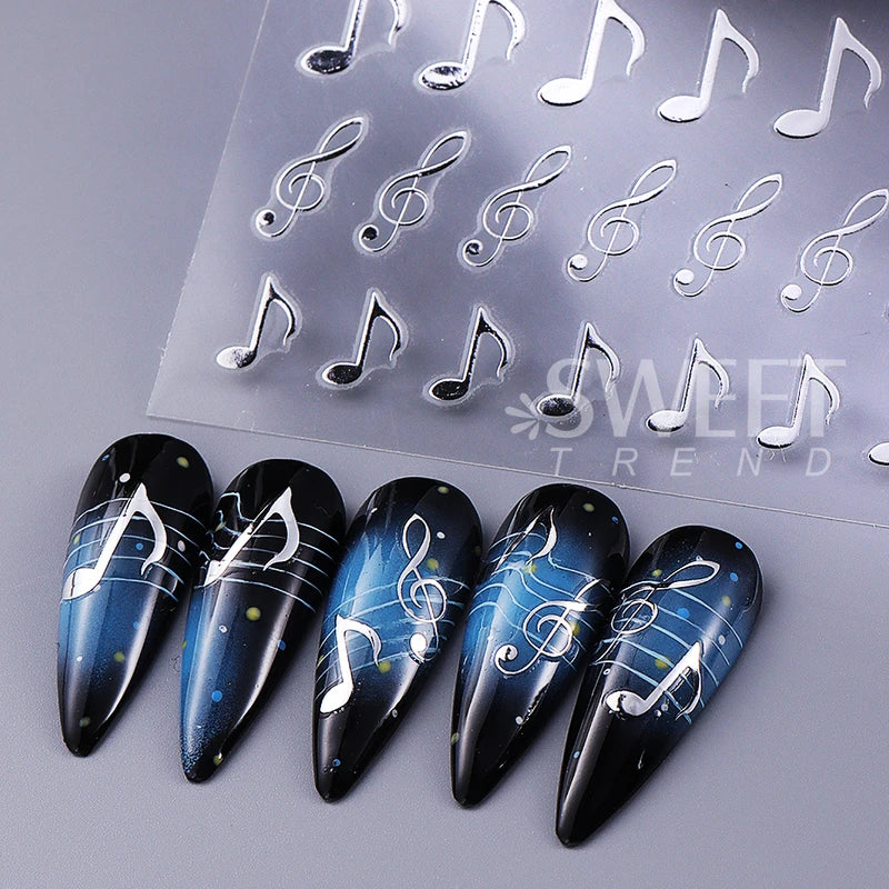 3-Pack Musical Notes Nail Stickers - Black Gold Silver 3D Holographic Decals for Nail Art