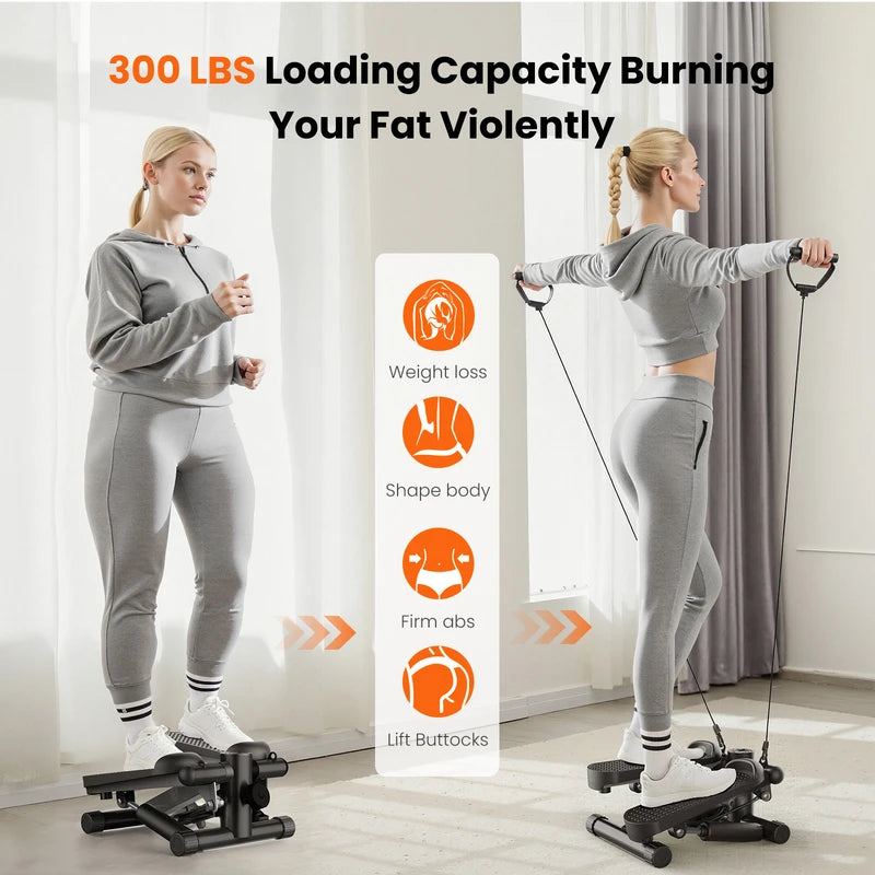 Mini Stepper with Resistance Bands 300 LBS Capacity Compact Cardio Equipment