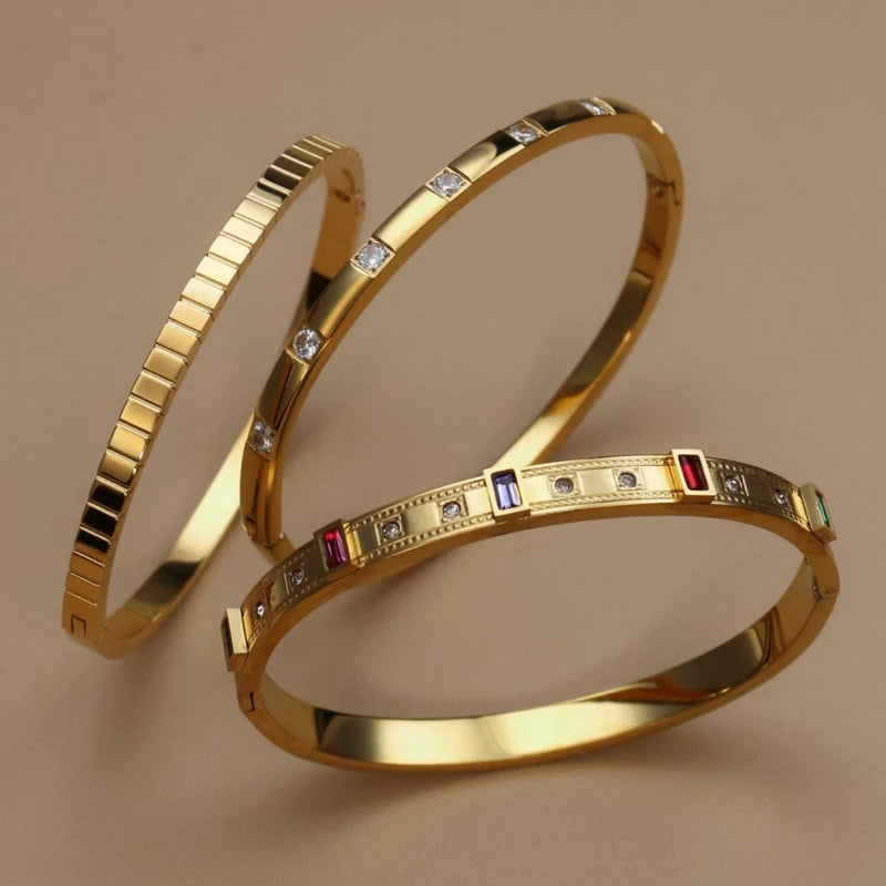 Square Coloured Zircon Stainless Steel Stacking Bracelet for Women