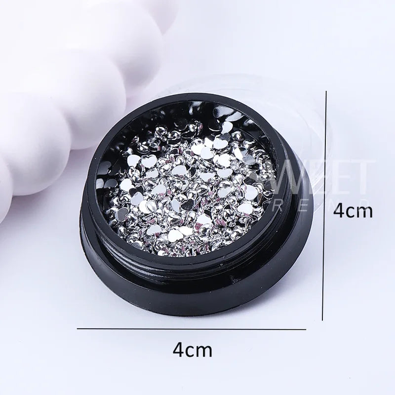 Silver Heart Nail Charms 3D Metal Flat Love Nail Art Decorations Set