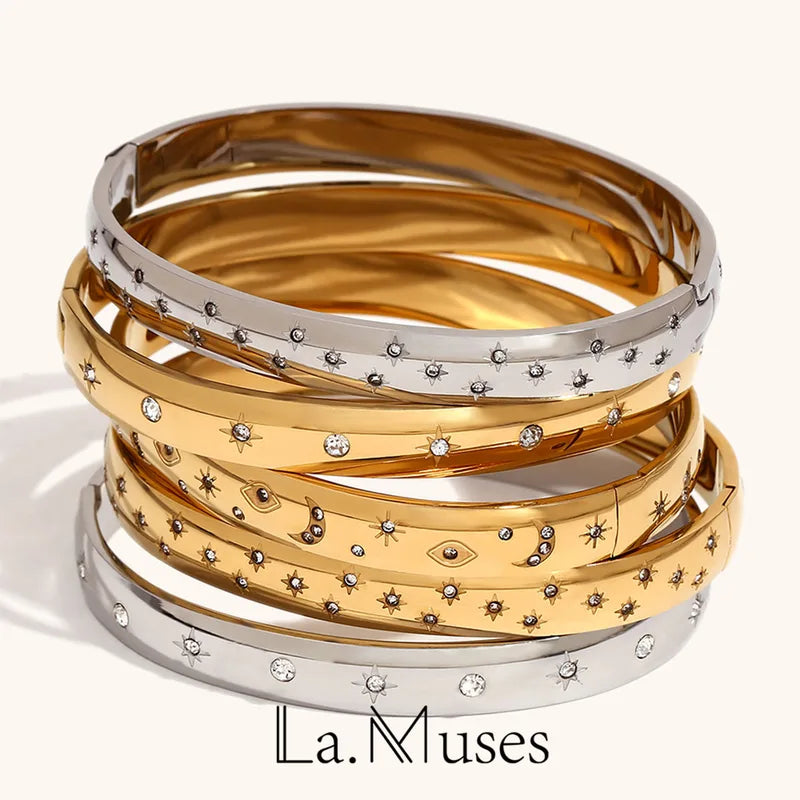 Retro Star Moon Eye Octagonal Zirconia Stainless Steel Women's Bracelet - Waterproof Jewelry Gift