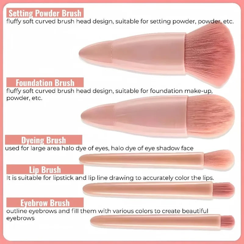 5-Piece Makeup Brush Set with Mirror & Case - Portable Cosmetic Tools